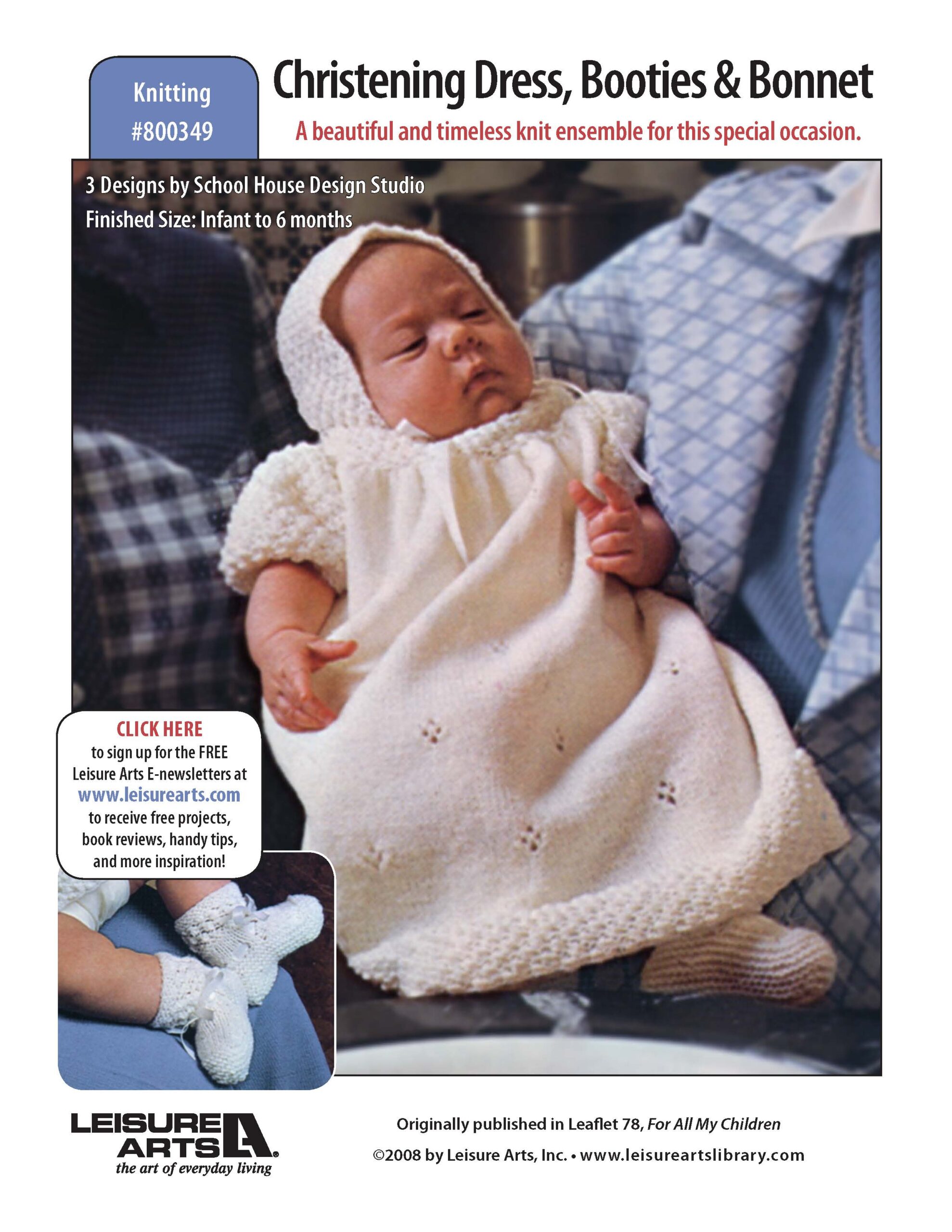 Leisure Arts For All My Children Christening Dress Bonnet Booties Knit ePattern