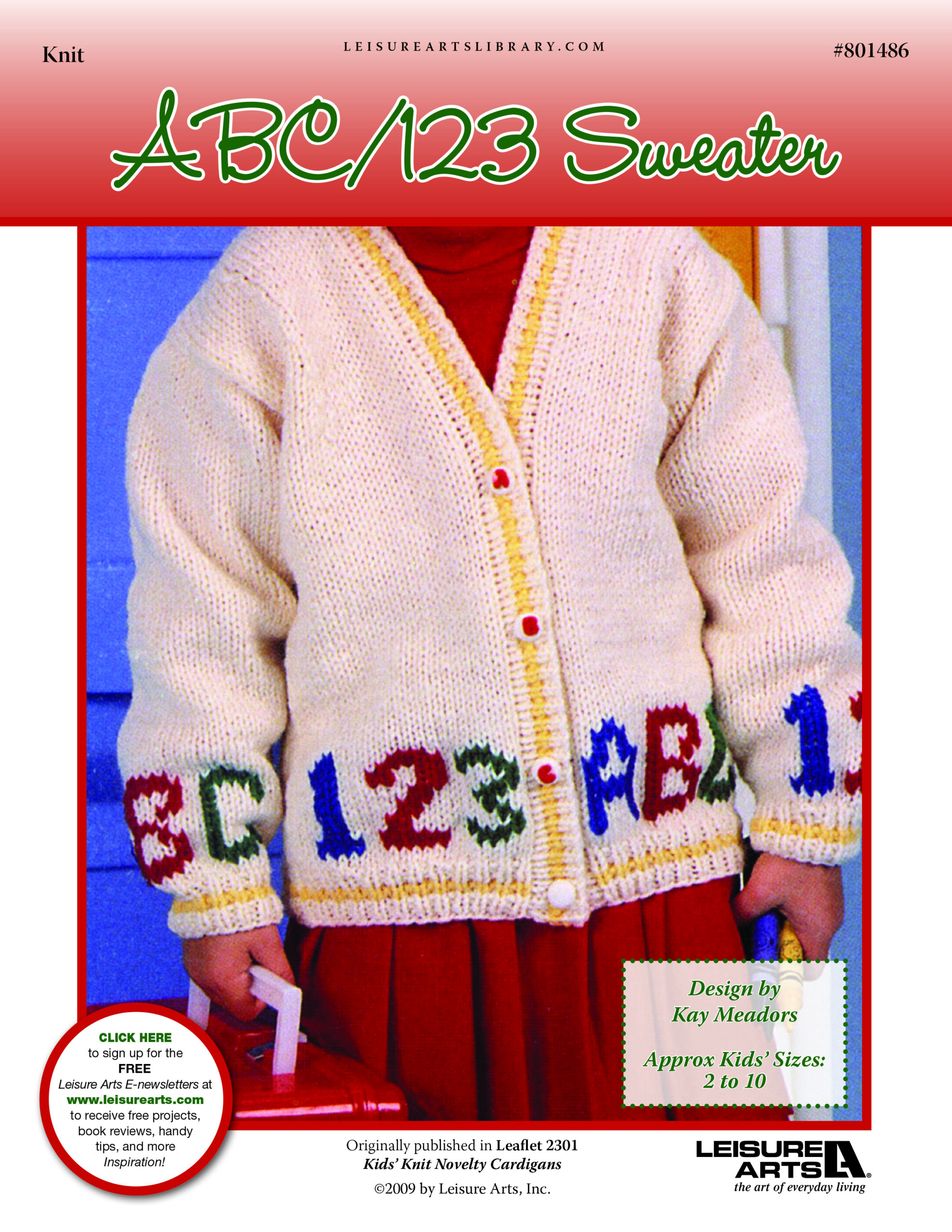 Leisure Arts Kids Knit Novelty Cardigans ABC123 Sweater ePattern