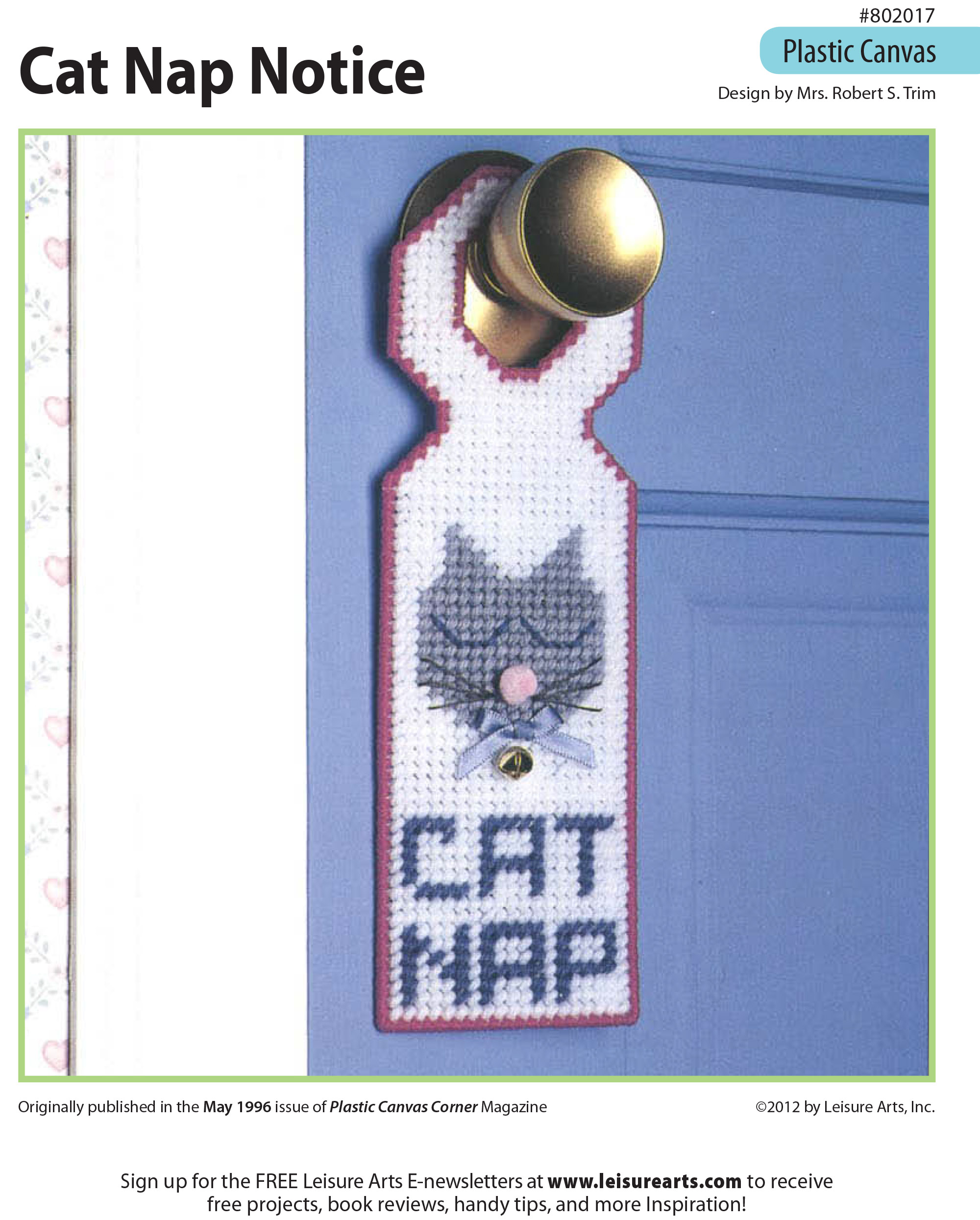 Leisure Arts Catnap Notice Doorhanger Plastic Canvas ePattern