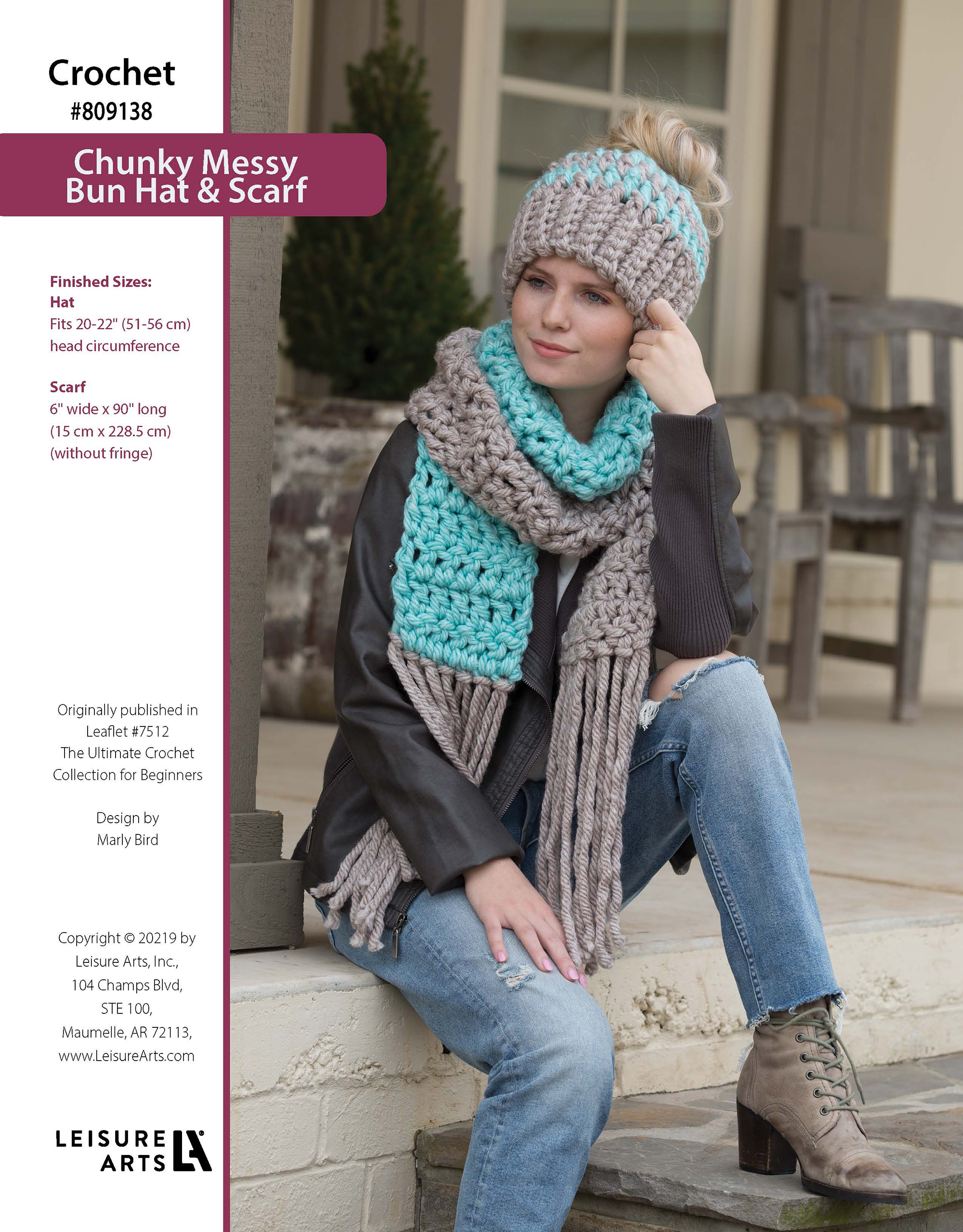 Leisure Arts ePattern Crochet Chunky Mess Bun Hat Scarf