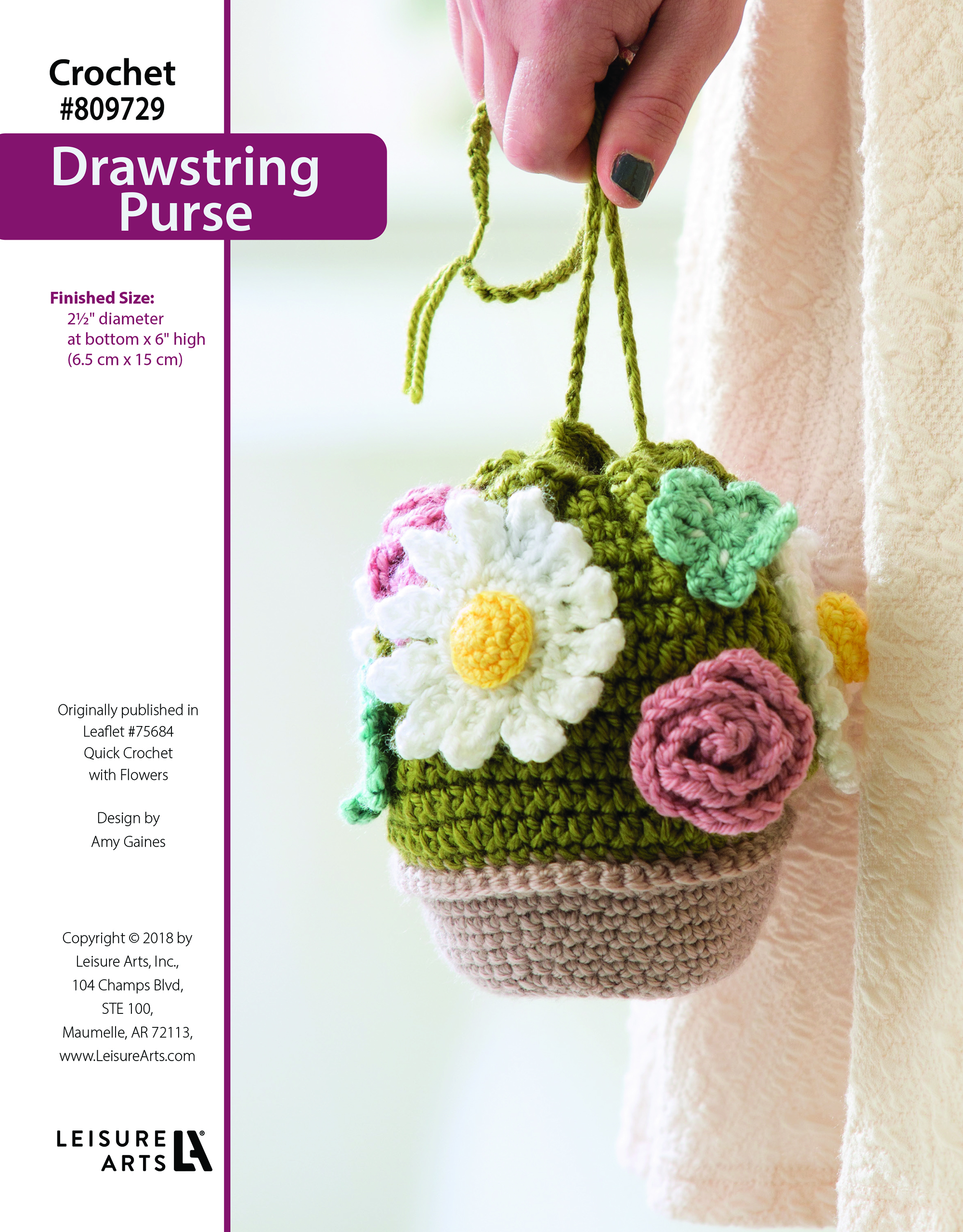 Leisure Arts ePattern Quick Crochet WFlowers Drawstring Purse