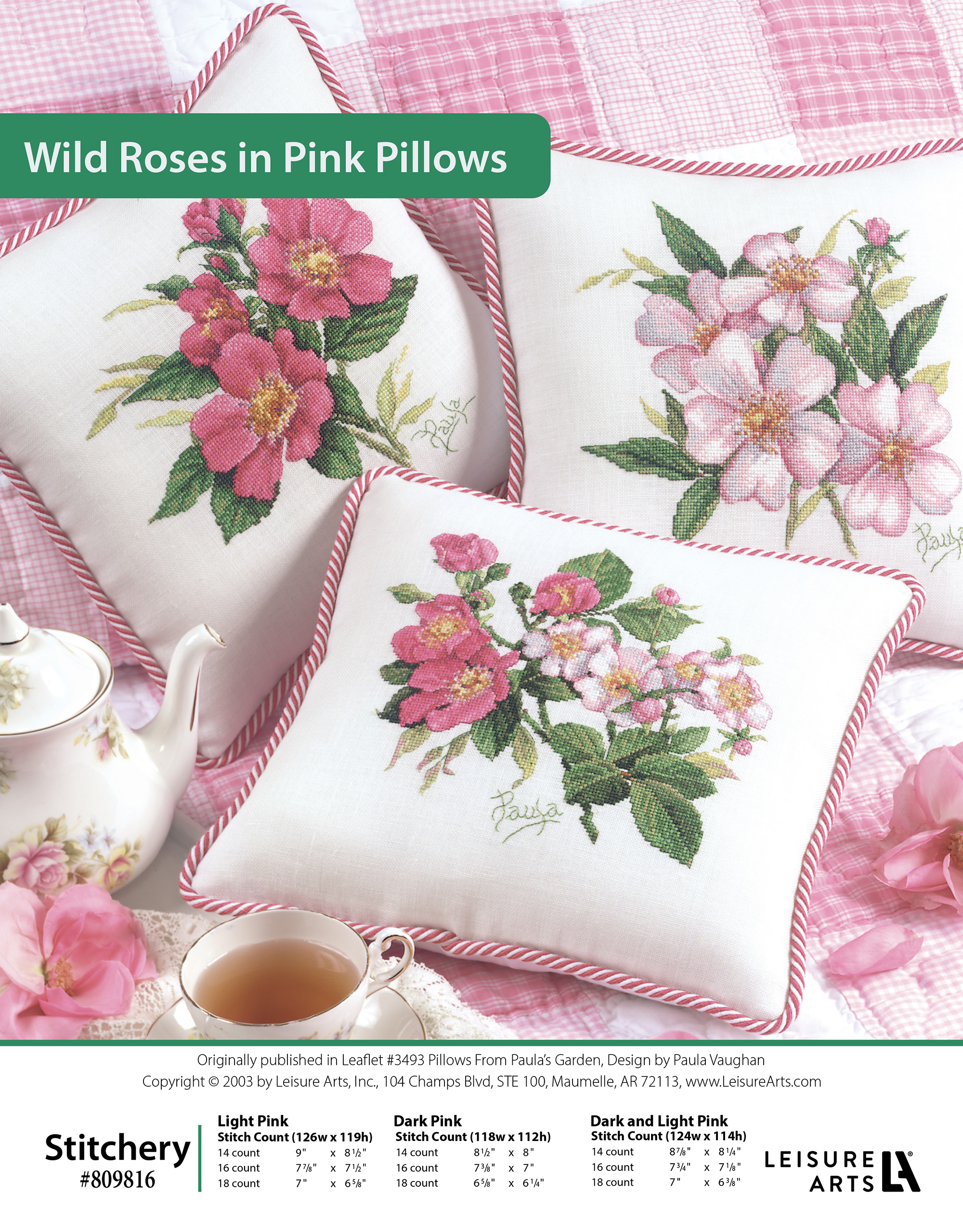Leisure Arts ePattern Paulas Garden Wild Roses In Pinks Pillow