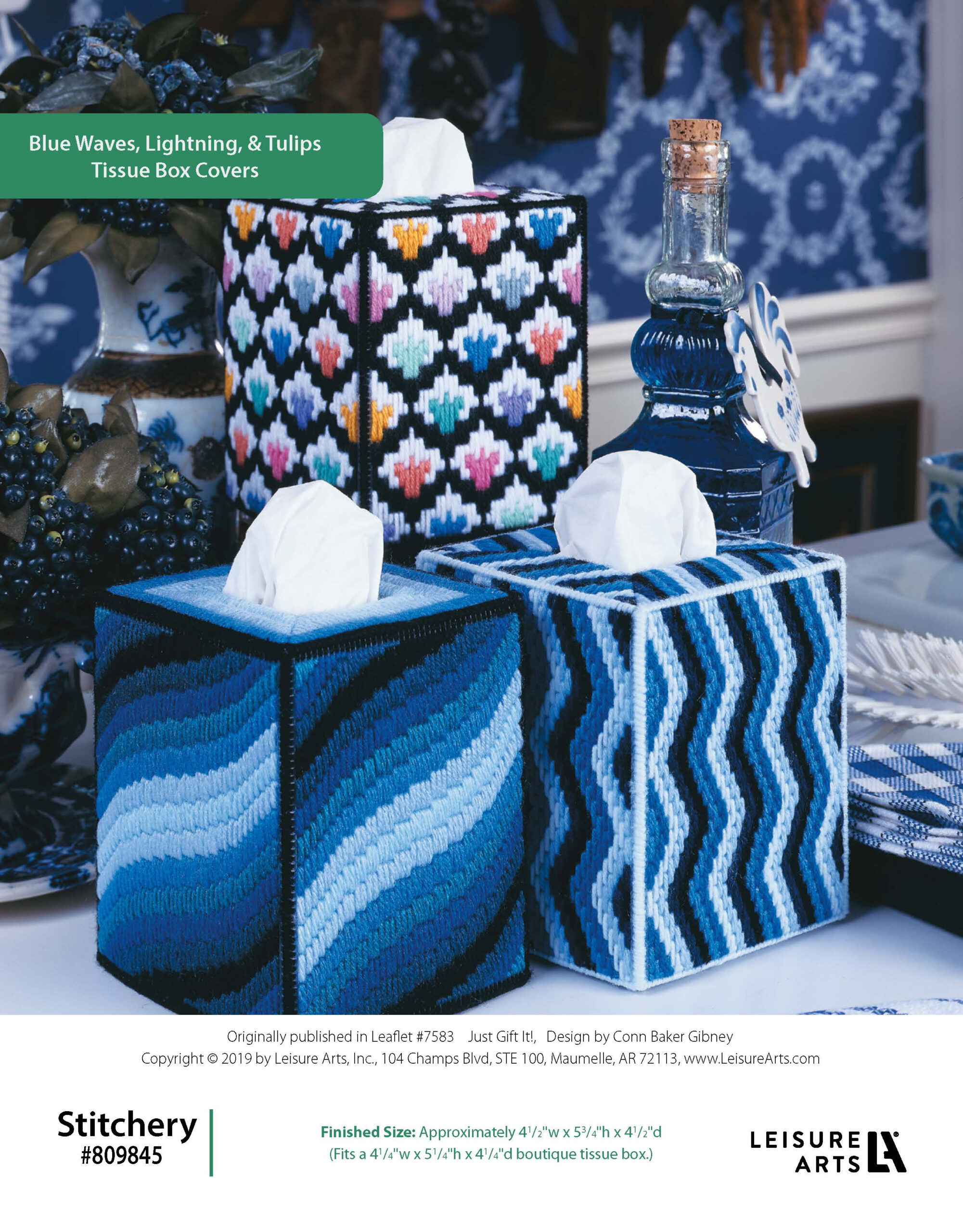 Leisure Arts Just Gift It Blue Waves Lighting Tulip Tissue Box Cover Set Plastic Canvas ePattern