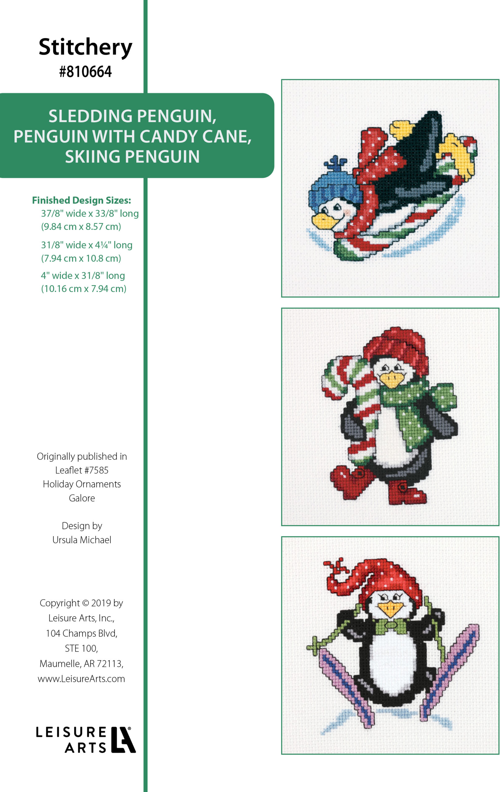 Leisure Arts Holiday Ornaments Galore 3 Penguins Skiing Sledding Candy Cane Cross Stitch ePattern