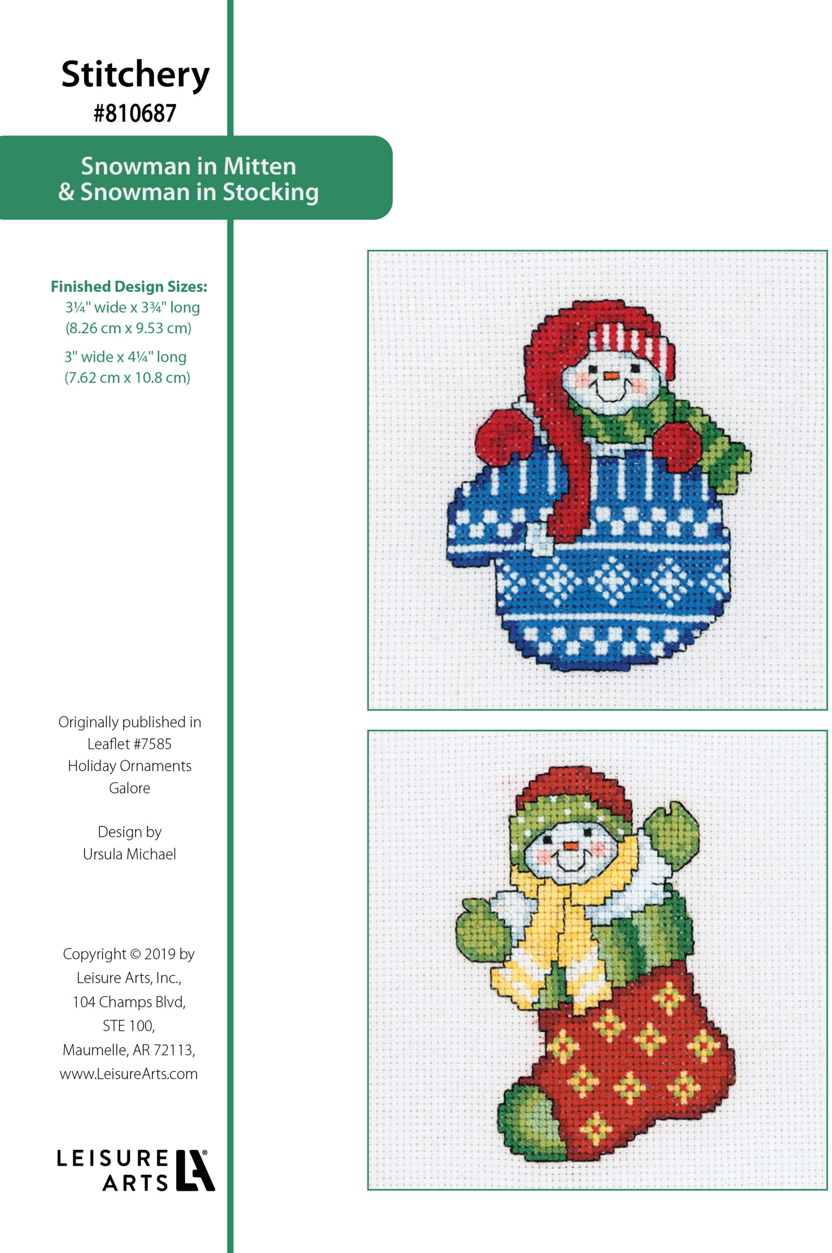 Leisure Arts Holiday Ornaments Galore Snowman In Mitten In Stocking Cross Stitch ePattern