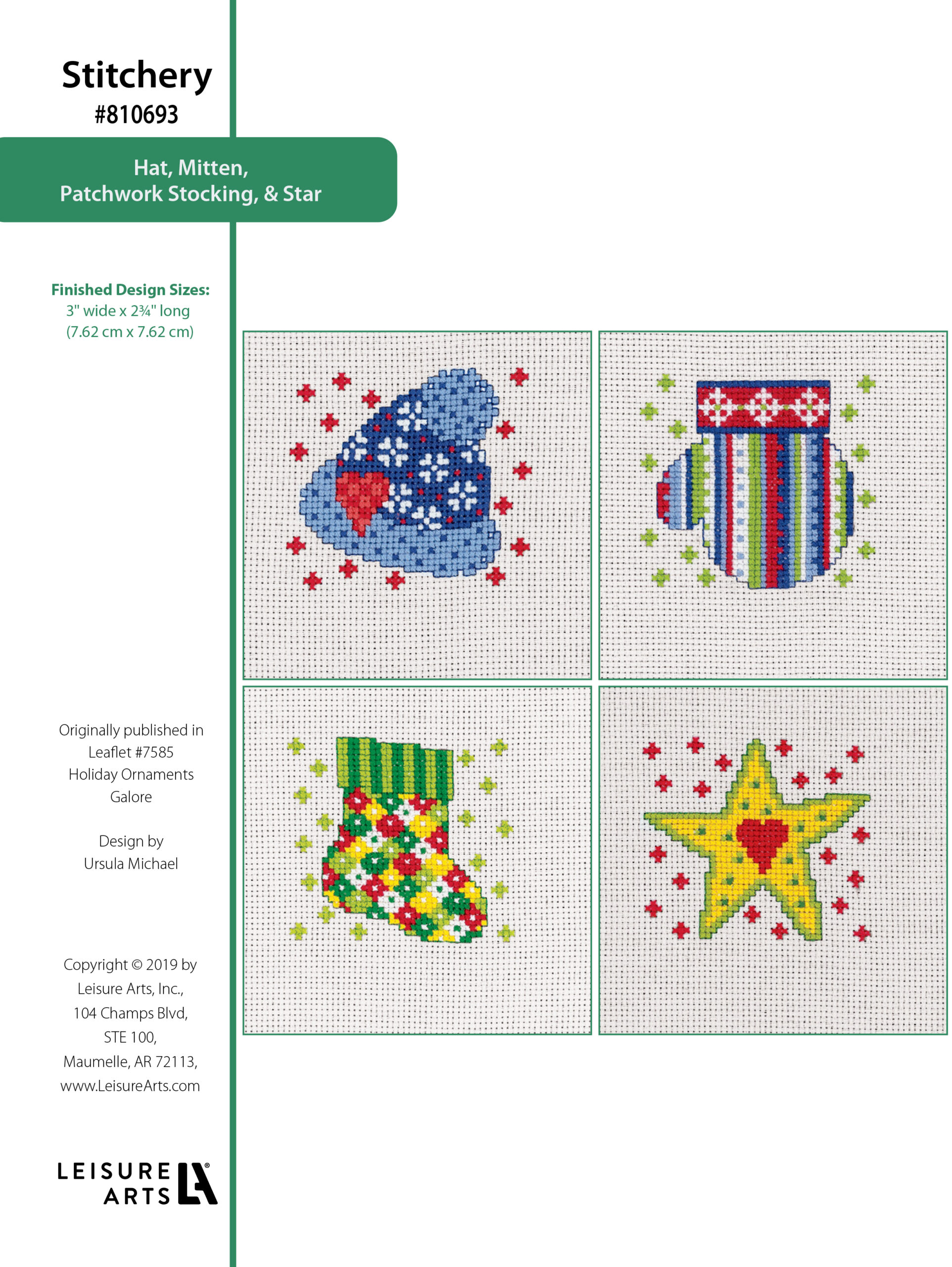 Leisure Arts Holiday Ornaments Galore Hat Mitten Patchwork Stocking Star Cross Stitch ePattern